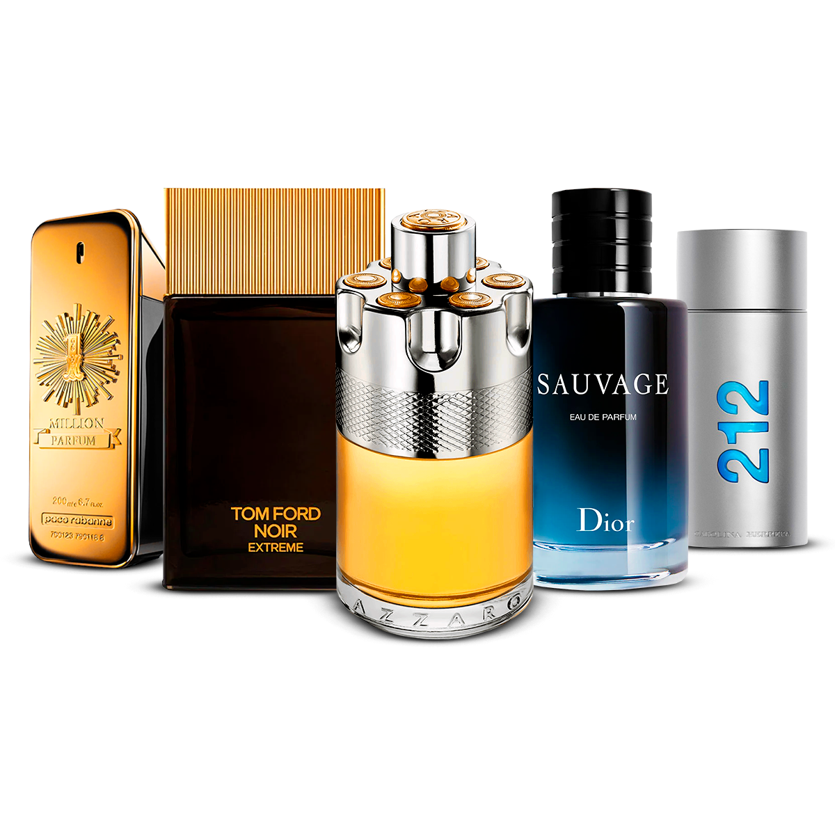 Combination of 5 men's perfumes – 1 Million, Tom Ford Noir Extrême, Azzaro Wanted, Sauvage and 212 Men [100 ml